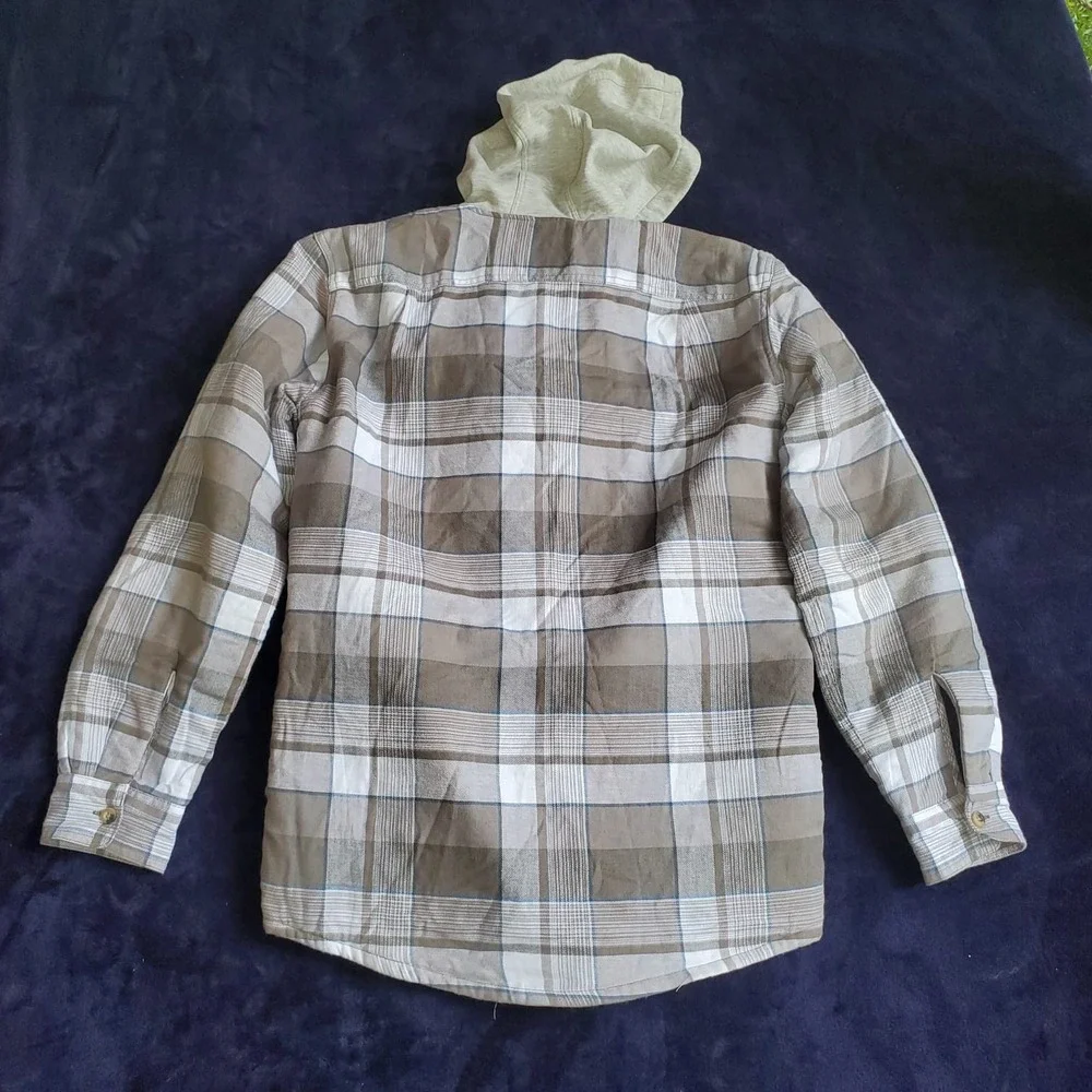 Wrangler Authentics Men's Quilted Lined Flannel Shirt Jacket Hood Plaid Sz Small